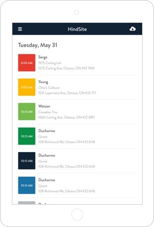 HindSite app's job tracking solution, displaying all jobs for the day and which employee is assigned to each.